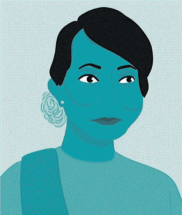 A flat digital illustration of a Aung San Suu Kyi.